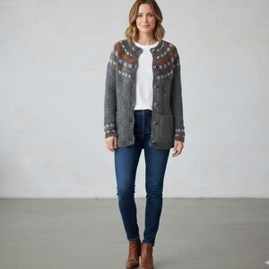 Hand Knit Alpaca Blend Cardigan Gray Nordic Fair Isle Button Front Sz S/M